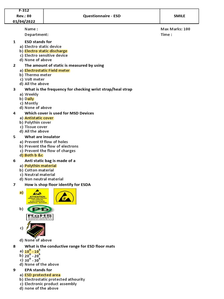 ESD Awareness Training Questionnaire | PDF | Electrostatic Discharge ...