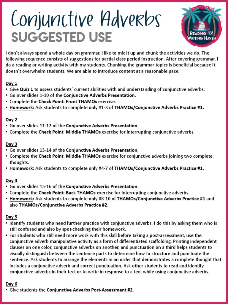 Conjunctive Adverb Notes Exercises Activity And Keys Pdf