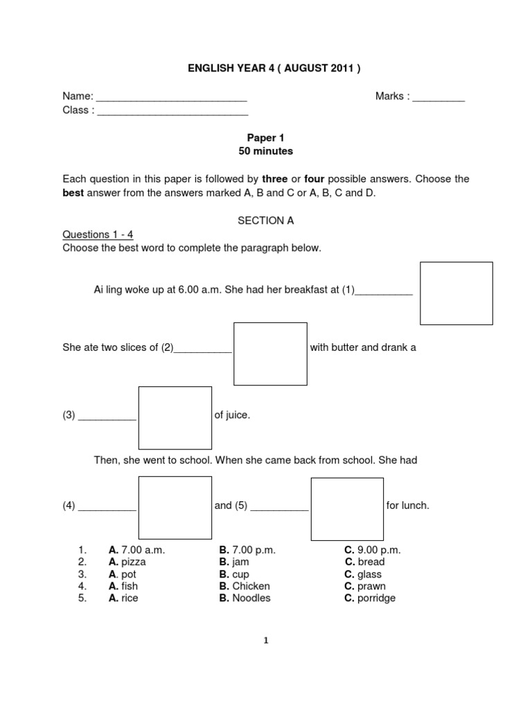 English Year 4 Paper 1 Questions and Answers | PDF | Grandparent | Foods