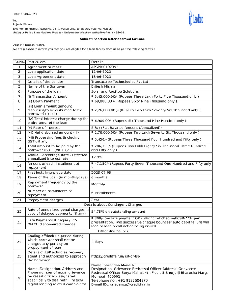 Sanction Letter | PDF | Loans | Cheque