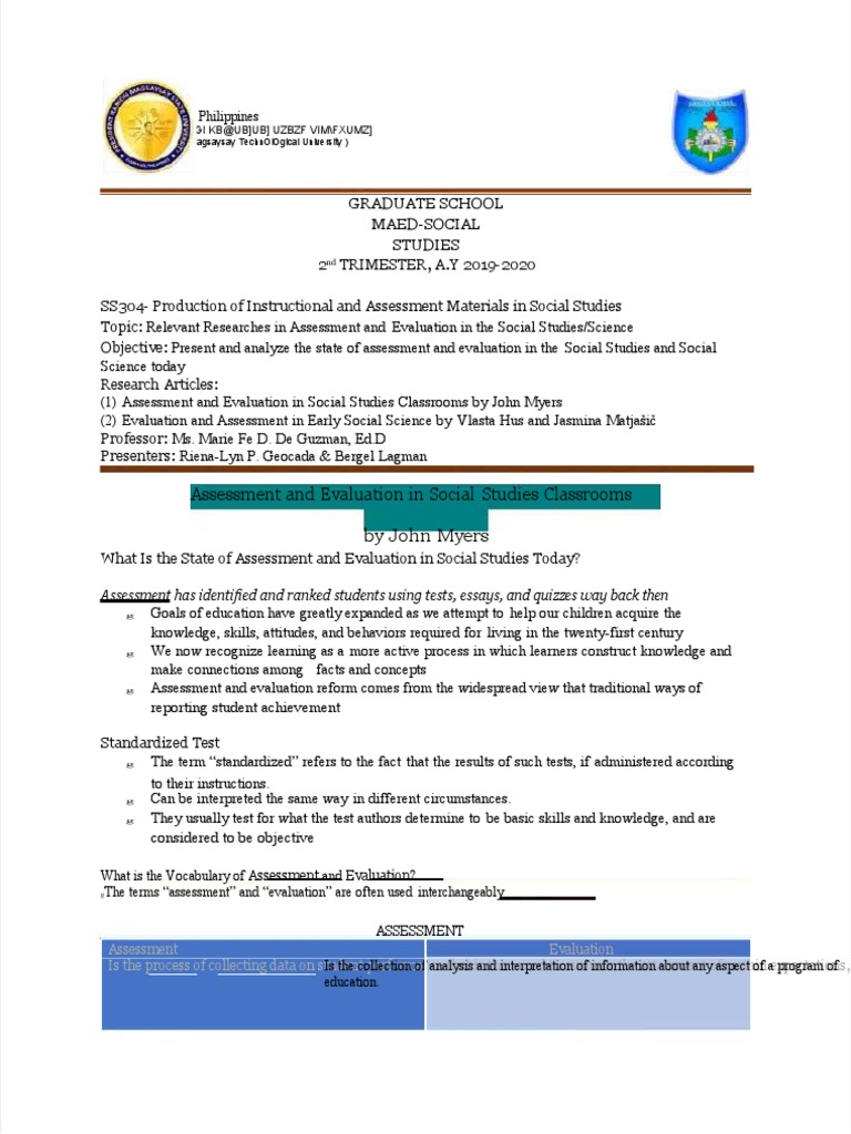 Assessment and Evaluation in Social Studies PDF Educational