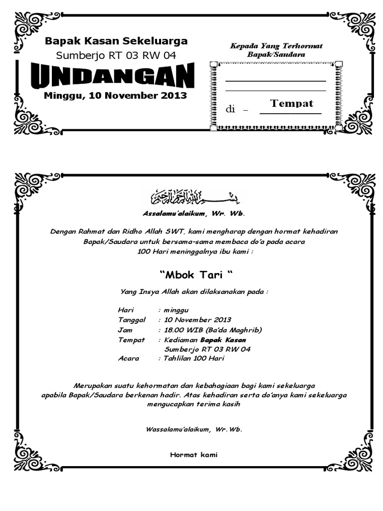 Contoh Undangan Tahlilan 100 Hari Meninggalnya | PDF