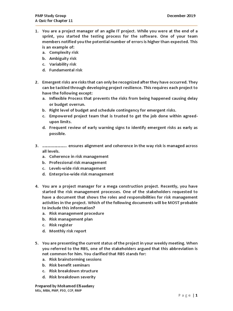 PMP Risk Analysis Quiz | PDF | Risk | Risk Management