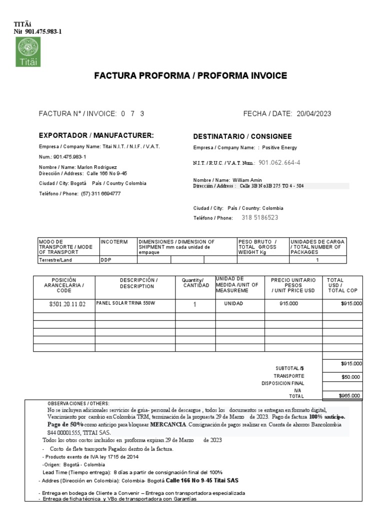 Proforma 073 Paneles Ha Blue 550 W | PDF