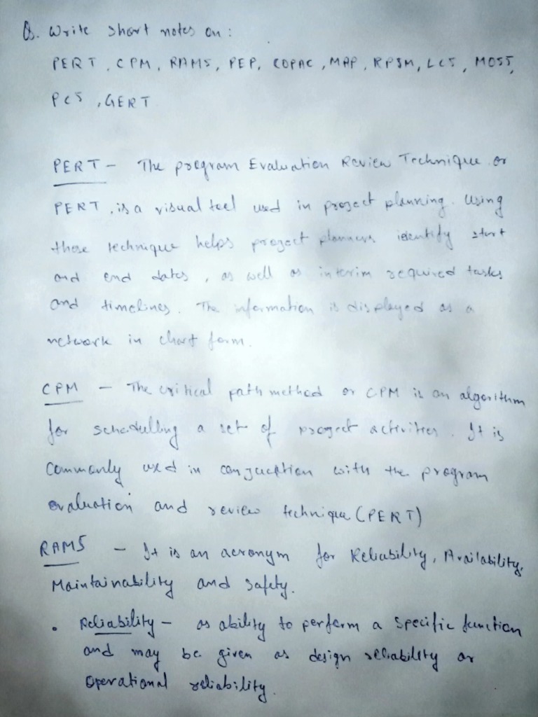 Short Notes On PERT, CPM, RAMS, PEP, COPAC, MAP, RPMS, LCS, MOSS, PCS ...