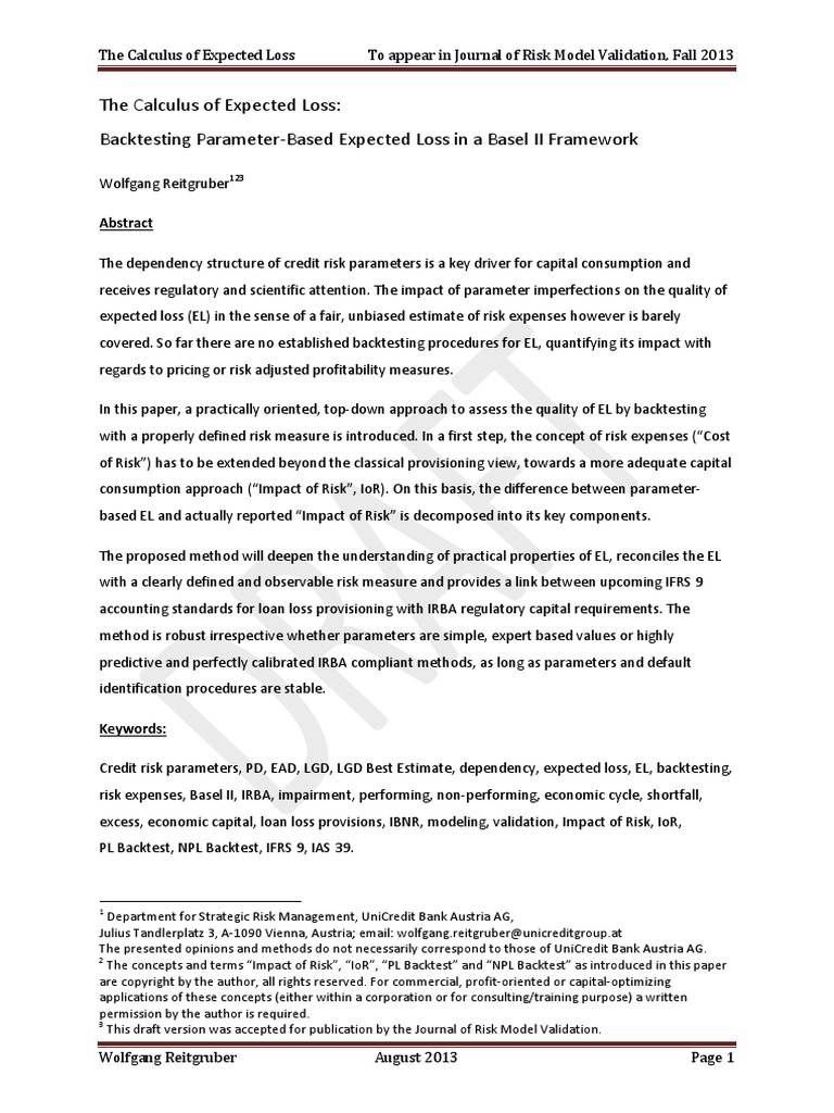 The Calculus of Expected Loss Backtesting ParameterBased Expected Loss in A Basel II Framework