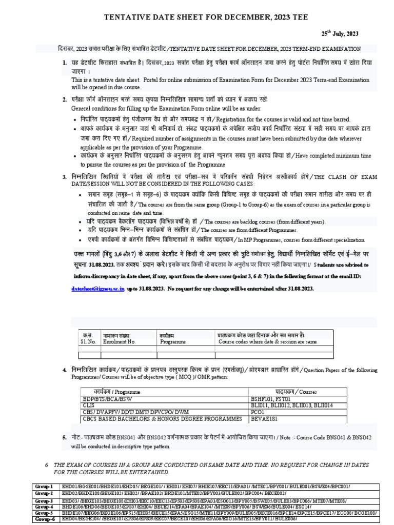 Ignou Tentative Date Sheet December 2023