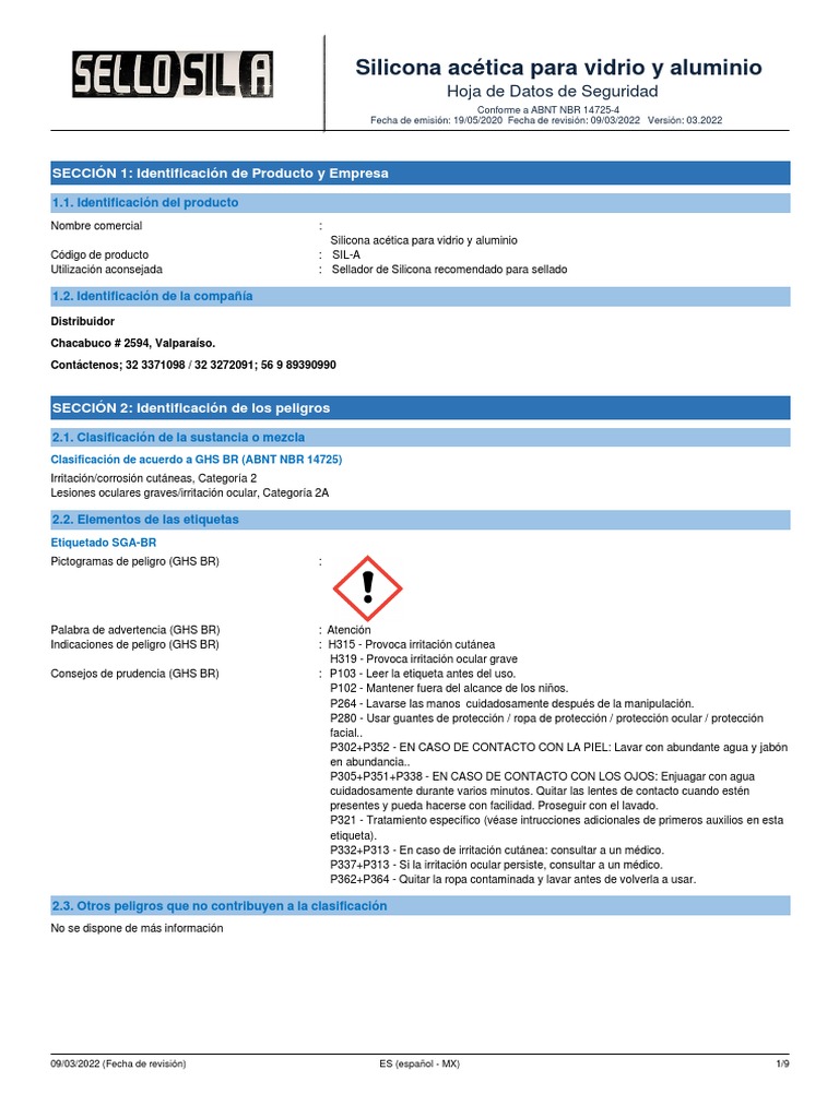 Hoja de Seguridad Silicona Vidrio y Aluminio SELLO-SIL-A | PDF