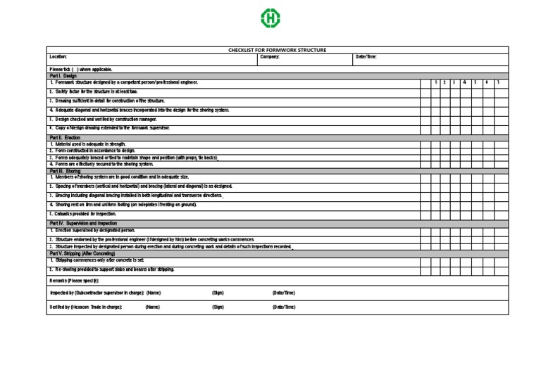 Formwork Inspection Checklist | PDF | Art | Technology & Engineering
