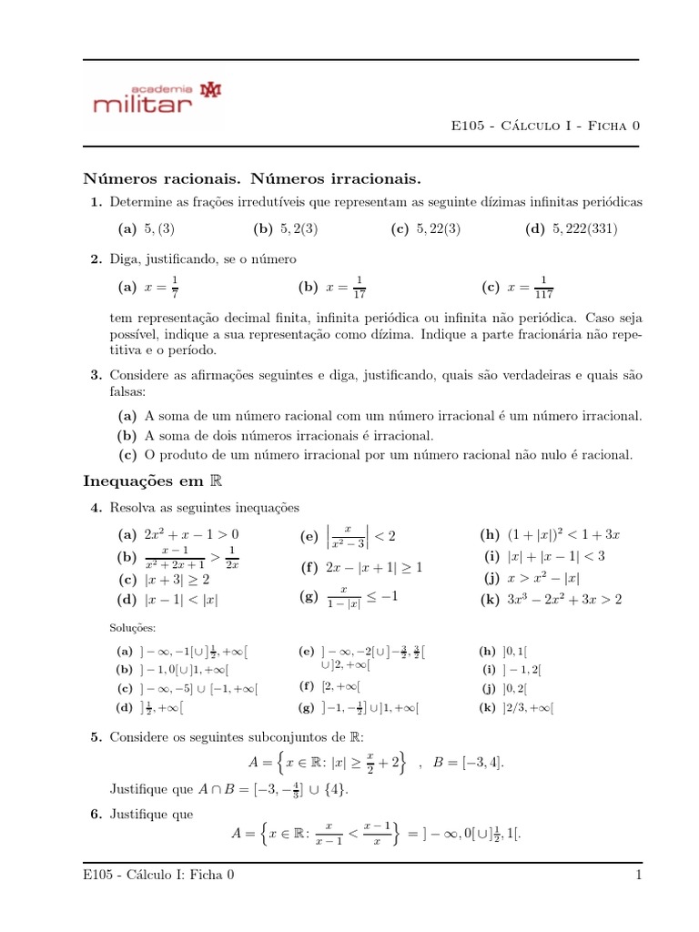 Ficha de Números Racionais e Números Irracionais | PDF