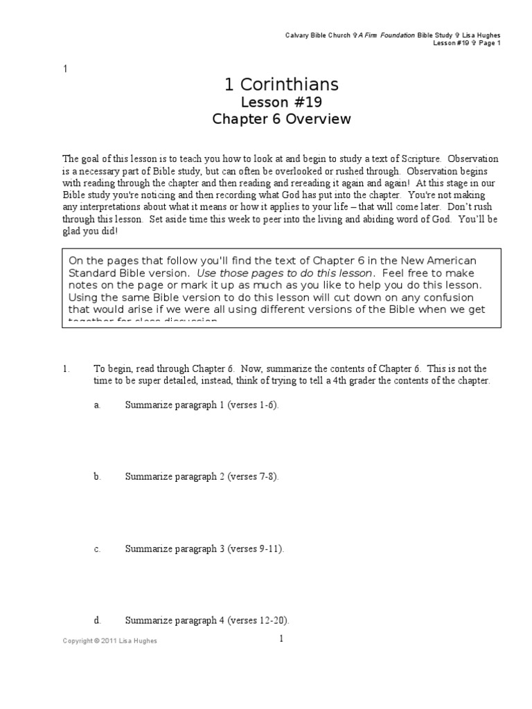 I Cor Lesson #19 Chapter 6 Overview | PDF | First Epistle To The ...