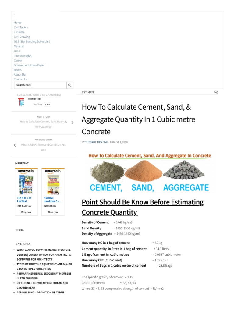 How To Calculate Cement, Sand & Aggregates Quantity in Concrete PDF