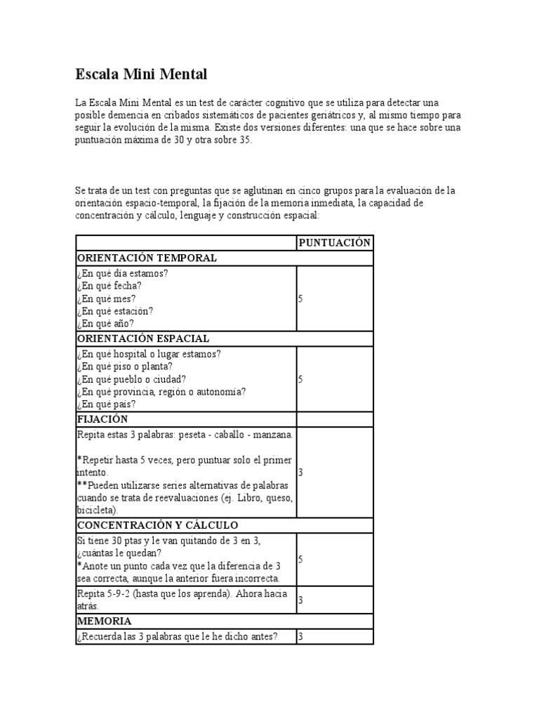 Escala Mini Mental: Evaluación Cognitiva | PDF | Demencia | Memoria