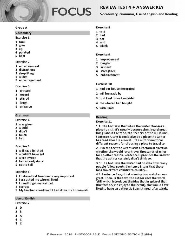 Focus3 2E Review Test 4 Units1 8 Vocabulary Grammar UoE Reading GroupA ...