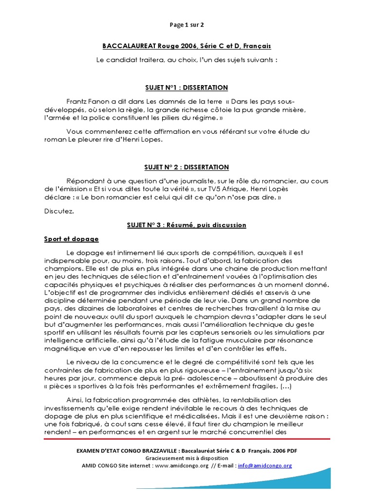 Sujet Du Bac 2006 Épreuve de Français Serie C Et D | PDF | Des sports ...
