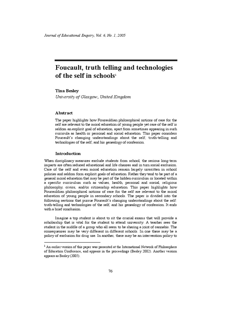 Foucault, Truth Telling and Technologies of The Self in Schools1