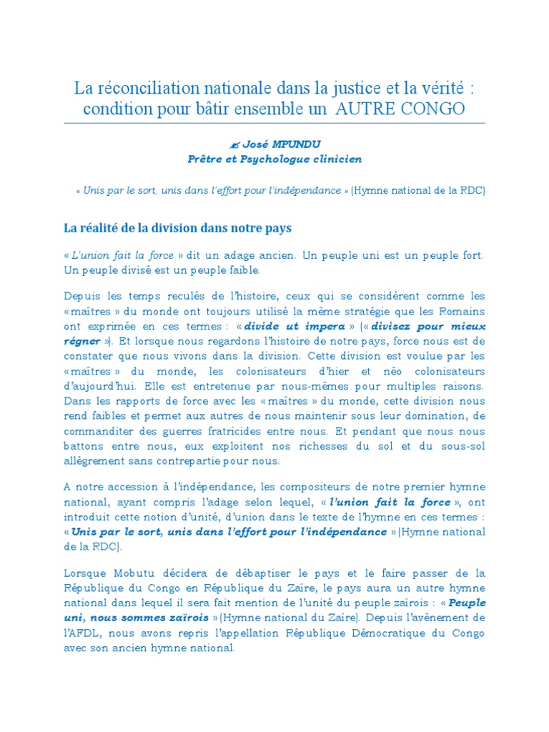 Réconciliation nationale pour un Congo uni | PDF | Sciences sociales
