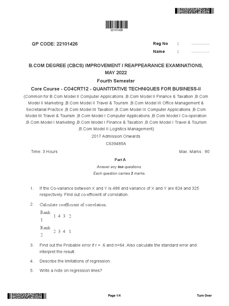 CO4CRT12 - Quantitative Techniques For Business - II (T) | PDF ...