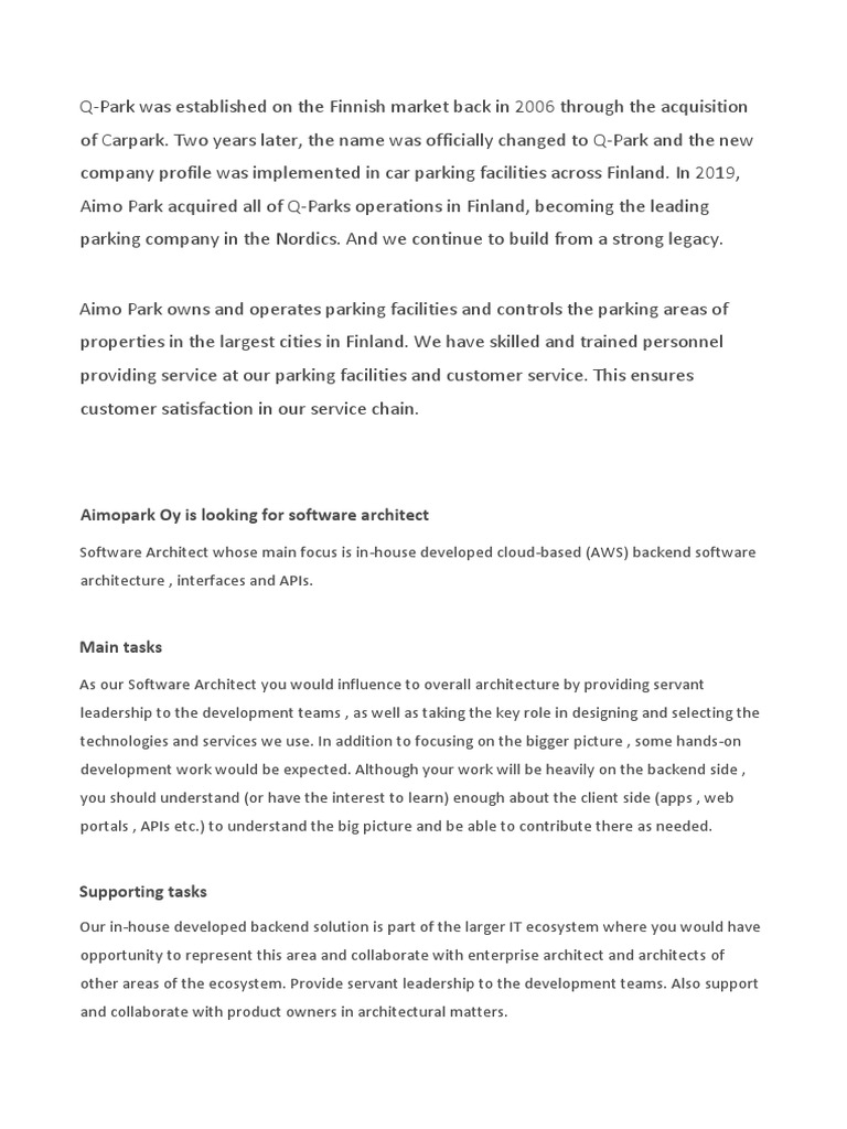 Aimopark oy looking for software architect pdf architect outsourcing