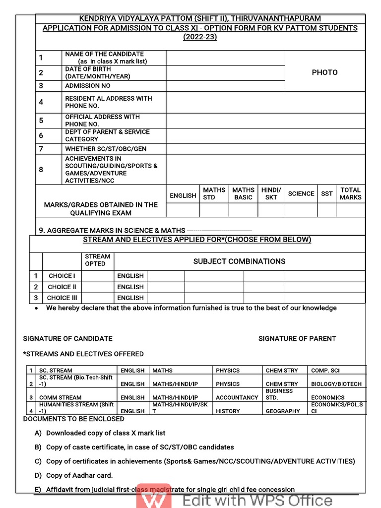 XI OPTION FORM SHIFT 2 | PDF