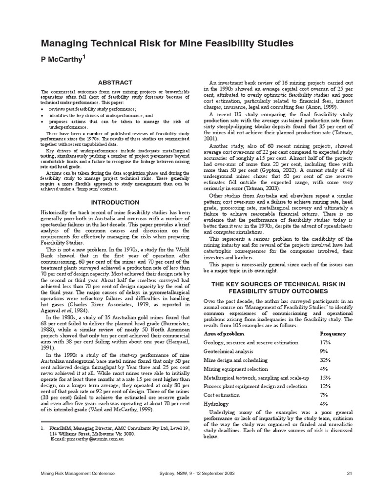 Managing Technical Risk For Mine Feasibillity Studies | PDF