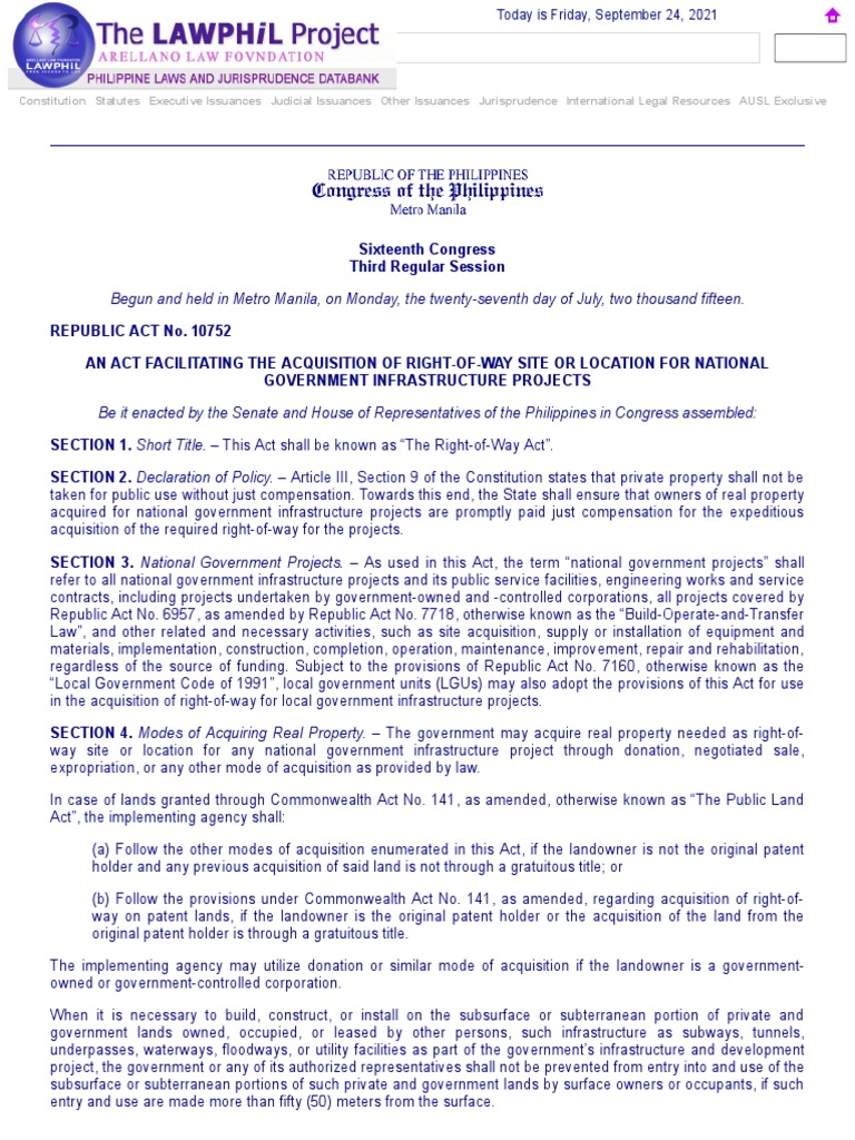 RA 10752 - The Right-of-Way Act | PDF