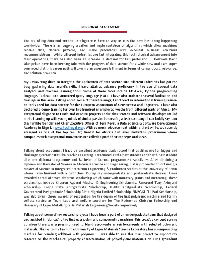 PERSONAL STATEMENT Sample Template | PDF | Data | Postgraduate Education
