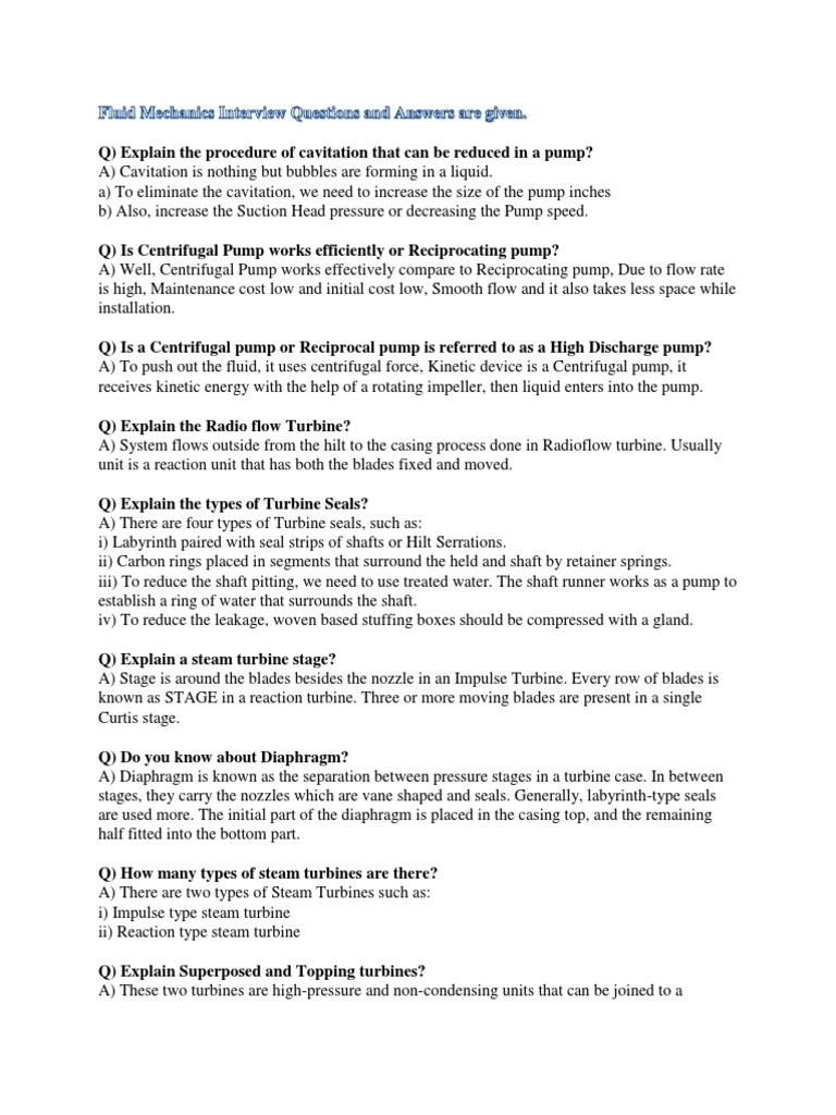 Fluid Mechanics Interview Questions and Answers PDF Download PDF