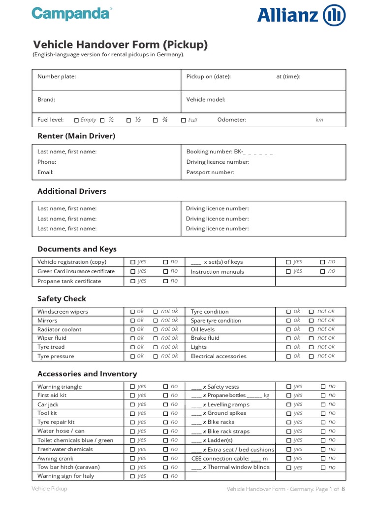 Vehicle Handover Form - Germany | PDF