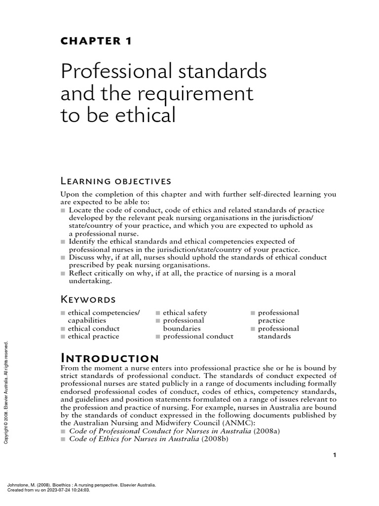 Bioethics a nursing perspective chapter 1 professional standards and