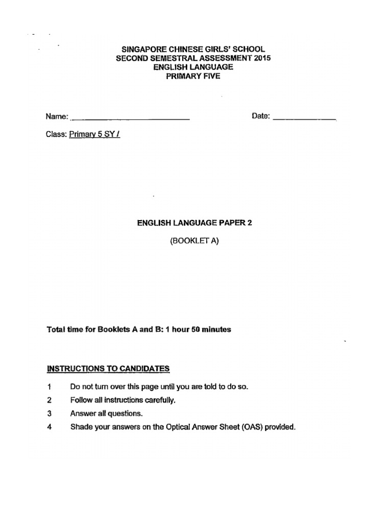 P5 English SA2 English Singapore Chinese Girls | PDF