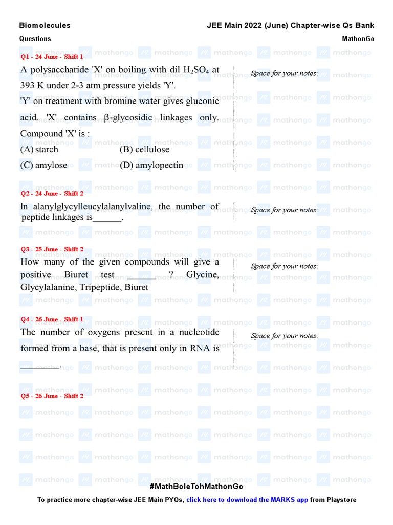 Biomolecules JEE Main 2022 Chapter Wise Questions by MathonGo PDF