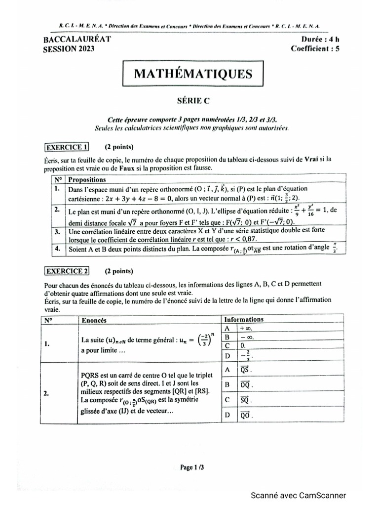 Épreuve de Mathématiques Série C Bac 2023 | PDF