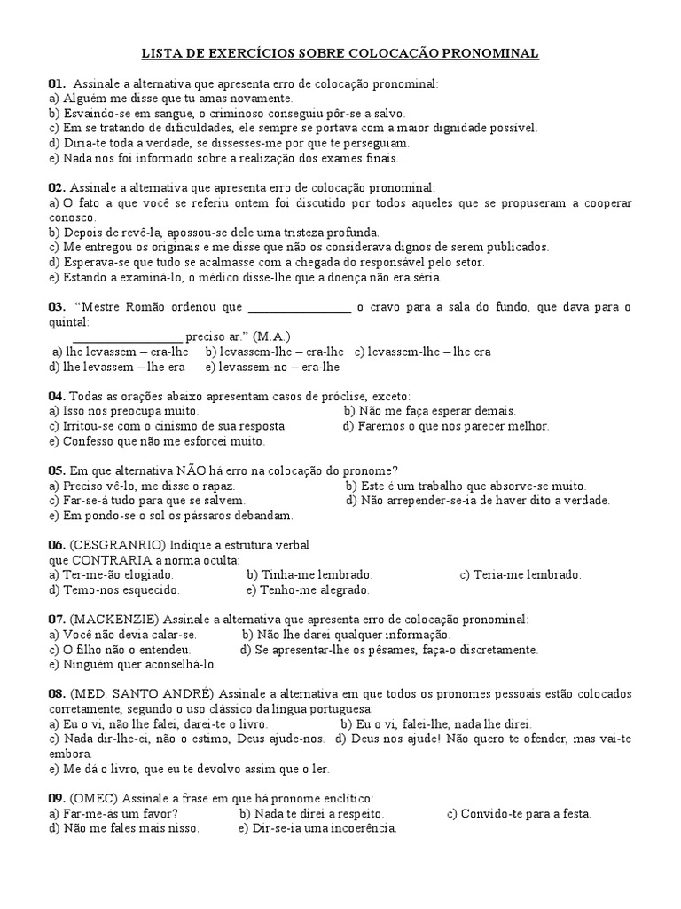 Exercícios de Colocação Pronominal | PDF | Pronome | Unidades semânticas