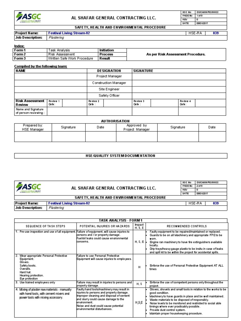 Safety Procedures for Plastering Work | PDF