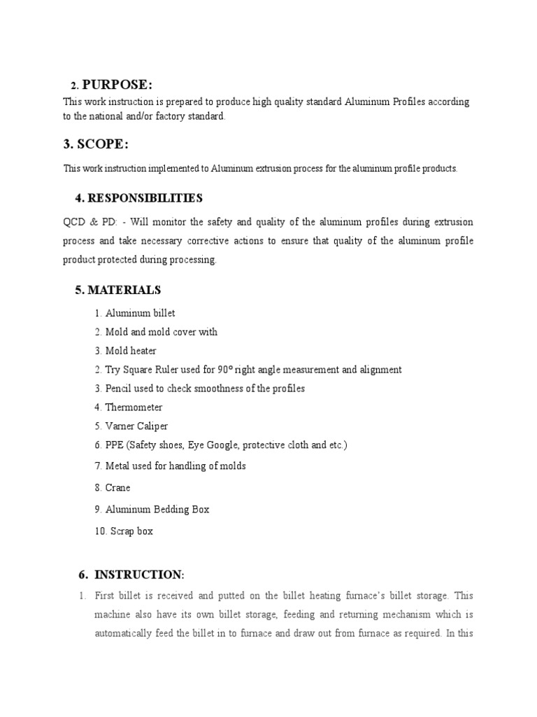 Extrusion Work Instruction | PDF | Extrusion | Metalworking