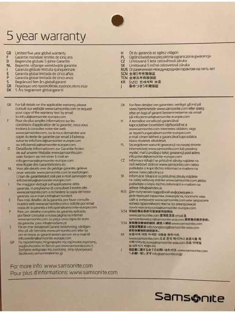 Warranty Card Samsonite S'Cure PDF