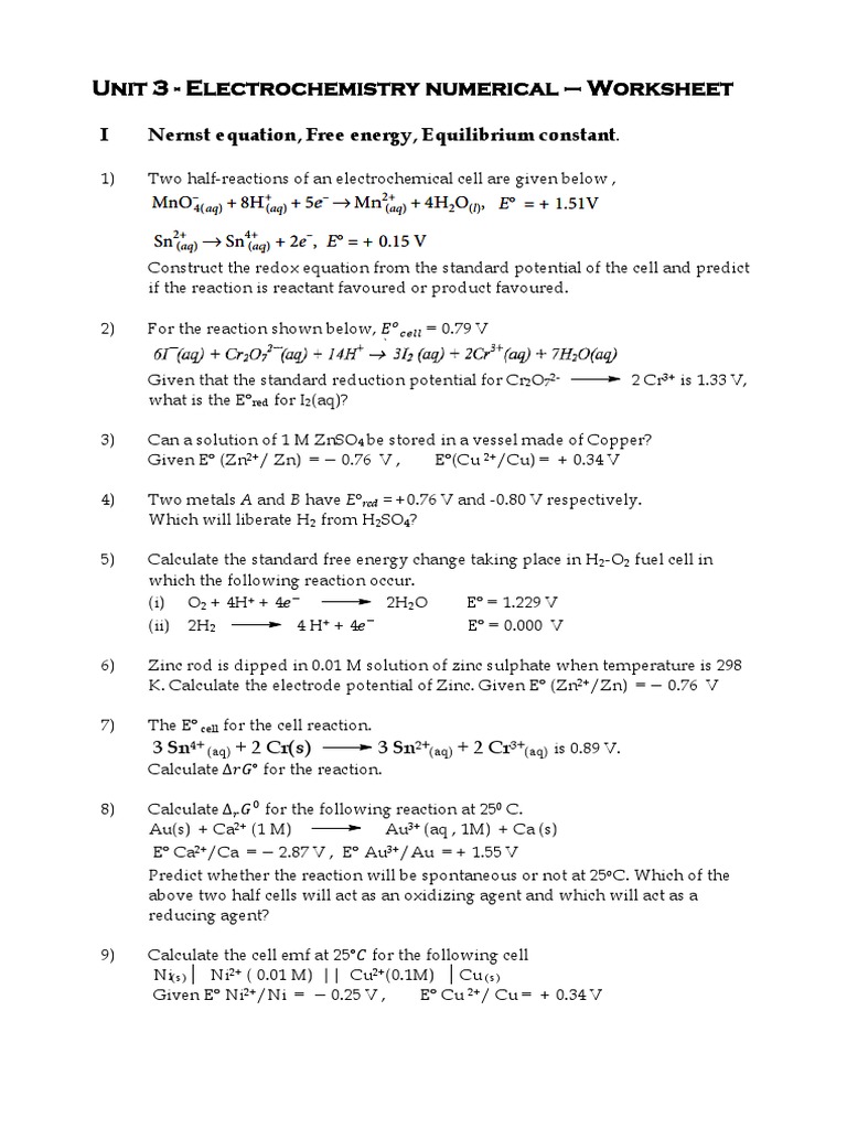 Unit 3 Electrochemistry Numerical Worksheet 2023 PDF
