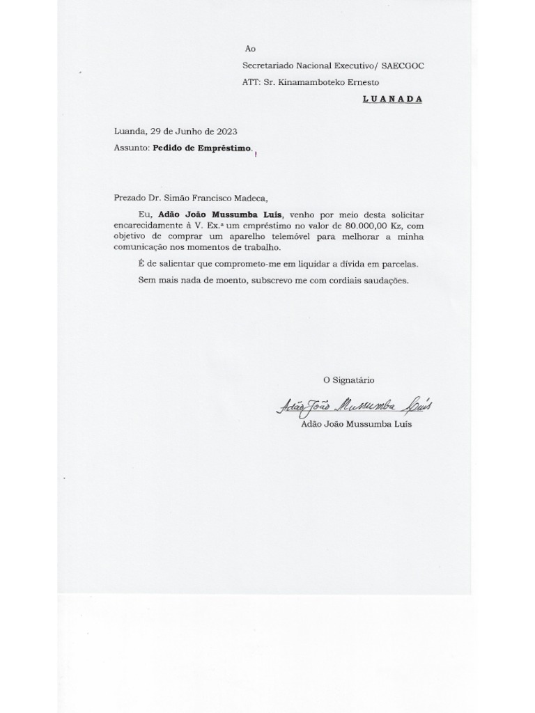 Pedido de empr stimo pdf