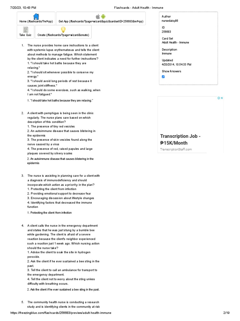 Flashcards - Adult Health - Immune | PDF | Antibody | Immunoglobulin G