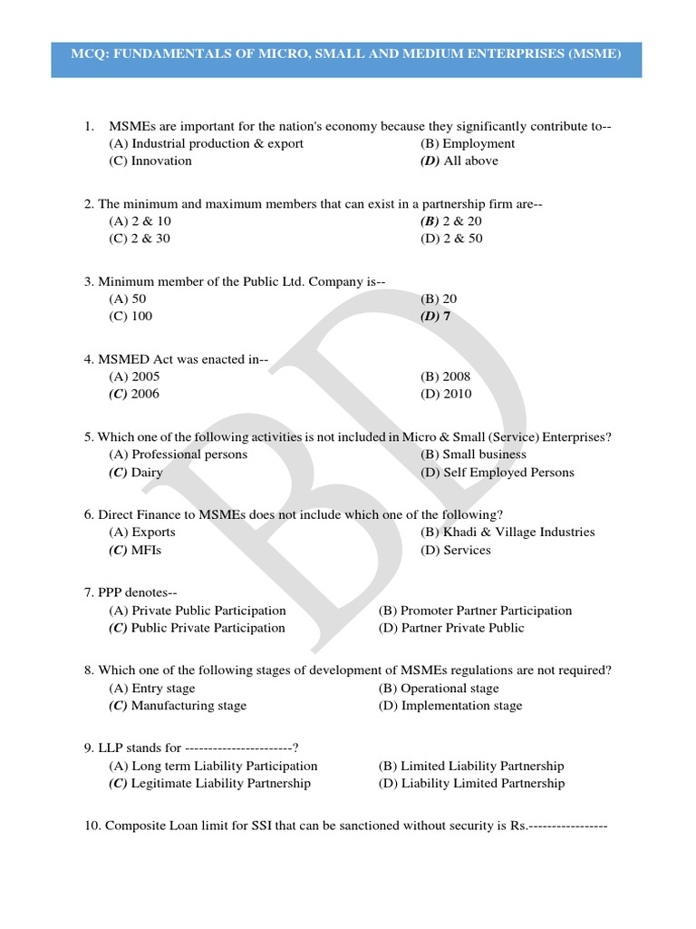 MSME Fundamentals MCQ Exam Guide | PDF | Finance & Money Management