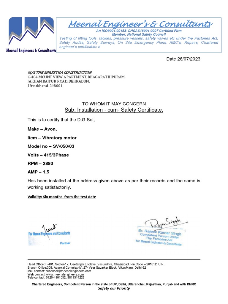 DG Set Installation Certificate - Dehradun | PDF | Technology & Engineering
