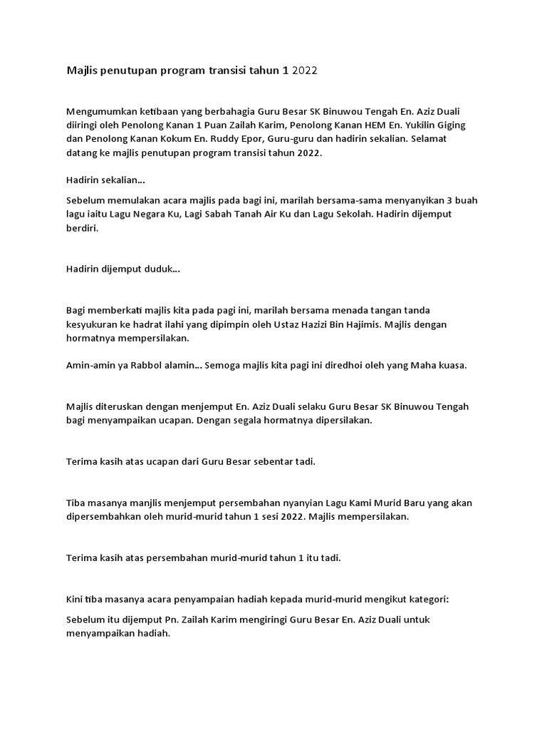 Majlis Penutupan Program Transisi Tahun 1 2022 Pdf