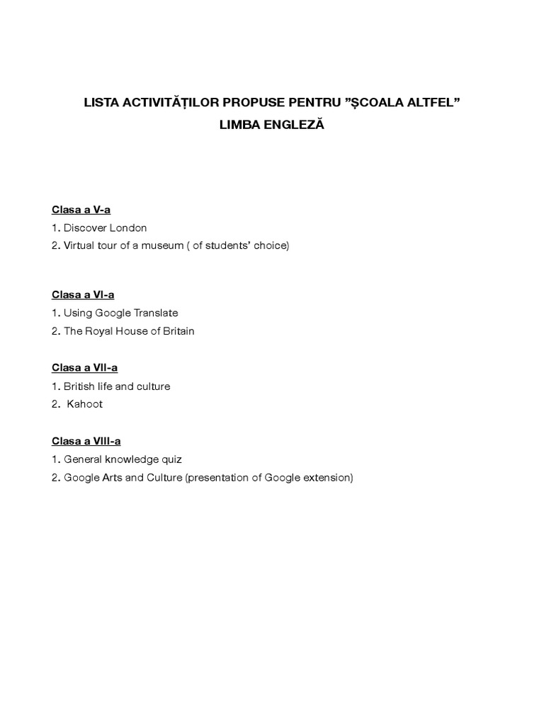Activitati scoala altfel engleza pdf