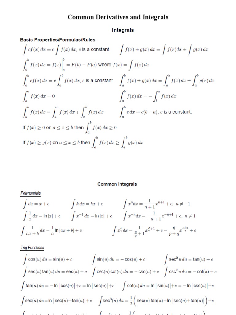 Differentiation and integration formula pdf