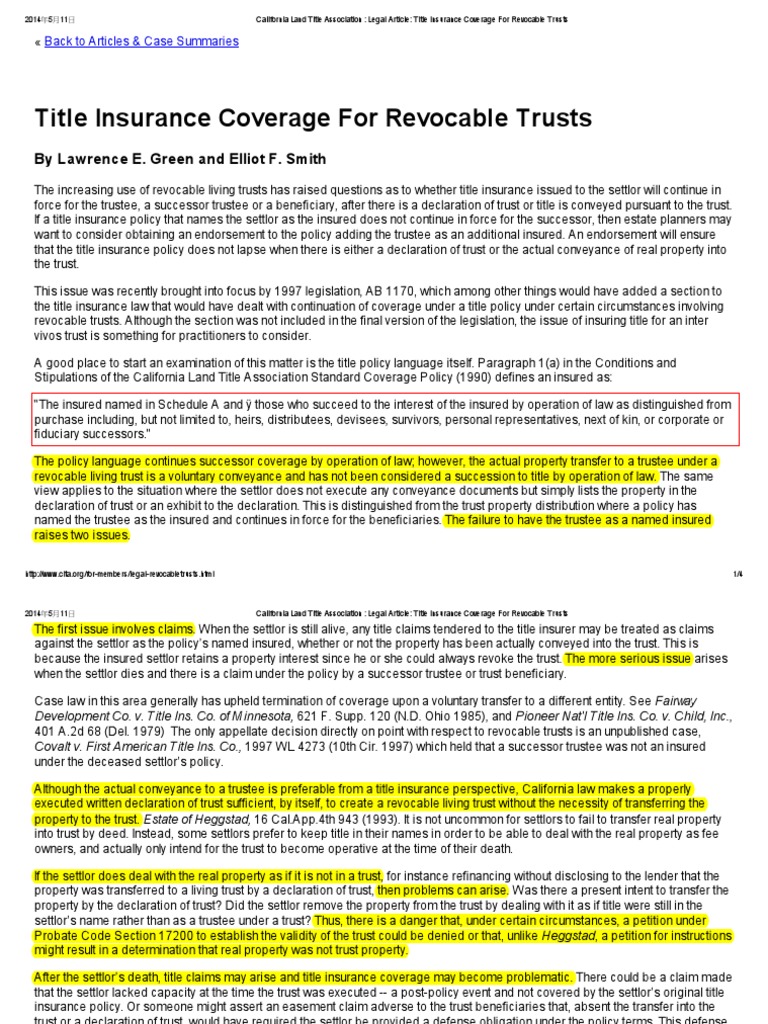 Title Insurance for Revocable Trusts | PDF