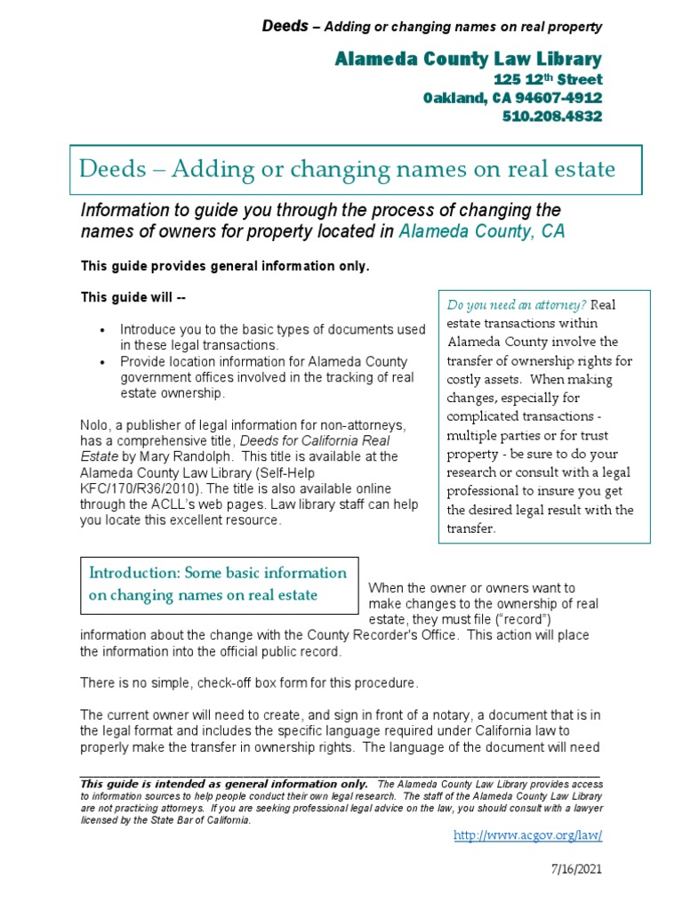 Alameda County Adding or Changing Names On Deeds Download Free PDF