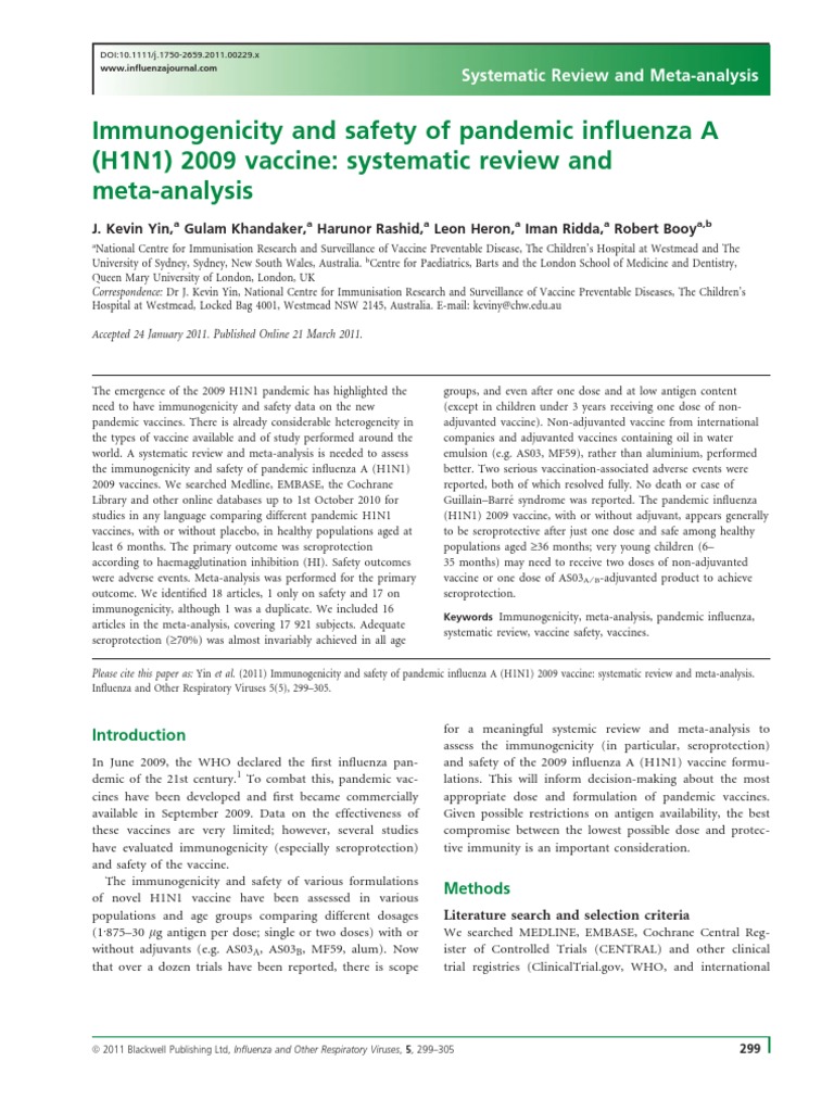 Immunogenicity and Safety of Pandemic Influenza A (H1N1) 2009 Vaccine ...