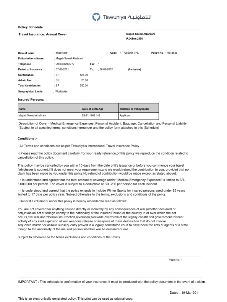 Annual Travel Insurance Policy Details | PDF | Insurance | Government