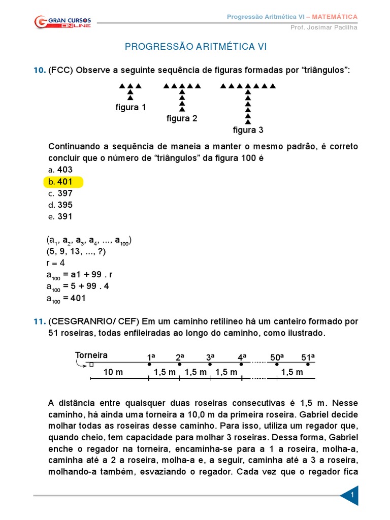 Exercícios sobre Progressão Aritmética | PDF